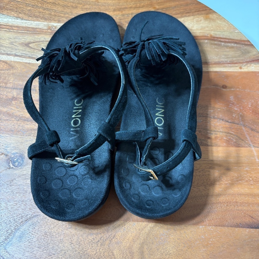Vionic Black Fringe Sandals - Picture 3 of 9